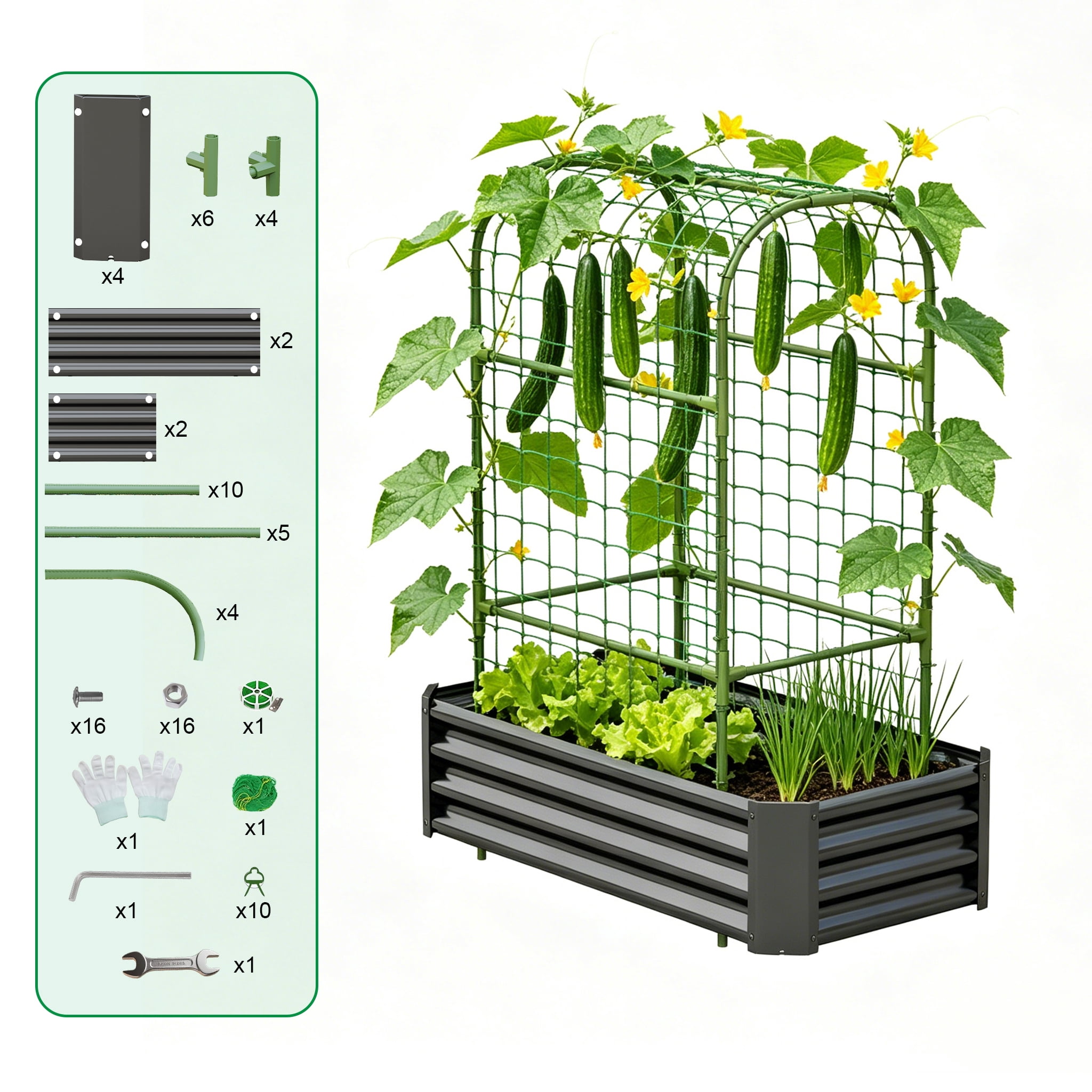 2-in-1 Galvanized Metal Raised Garden Bed with 59" Arch Trellis, 4×2×1 FT Outdoor Planter Box with Climbing Net for Vegetables Fruits Flowers