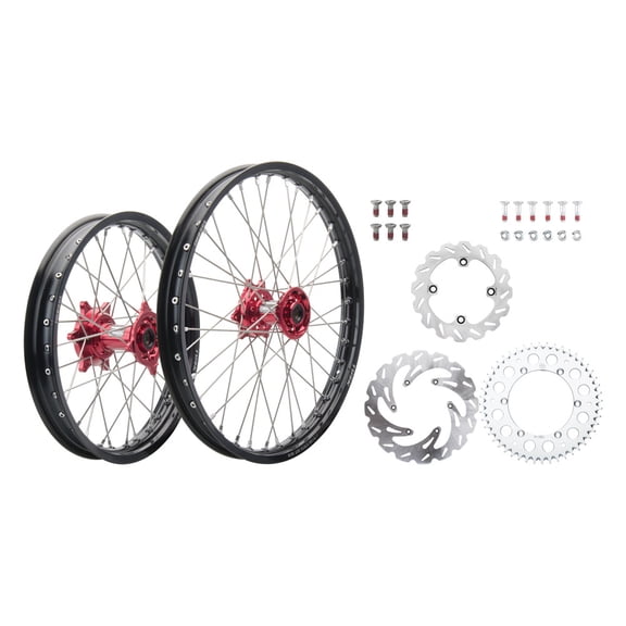 Tusk Impact Complete Front/Rear Wheel Package 1.60 X 21 / 2.15 X 19 Black Rim/Silver Spoke/Red Hub