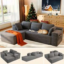 105” No-Assembly Cloud Couch, Lofka Modular Sectional Sofa with L-Shape Chaise and Deep Seat, Upholstered Couches for Living Room Bedroom,Grey (Plush Corduroy Fabric)