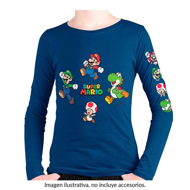 Playera Super Mario Talla 14 Manga Larga con Estampado de Mario, Luigi, Yoshi y Toad Azul Marino
