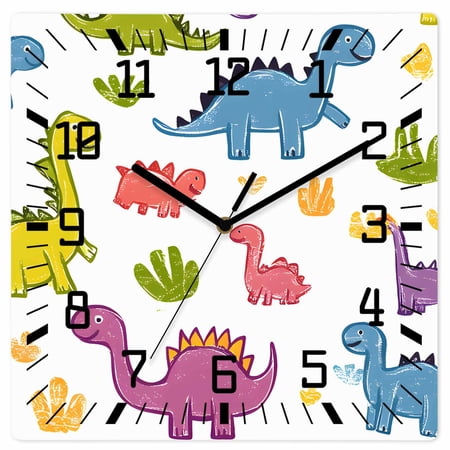 Colorful Dinosaur Wooden Wall Clock Silent Non Ticking, Cute Cartoon Animals Square Wall Clocks Battery Operated, Decor Clock for Home Office, Living Room, Kitchen, 12 Inch