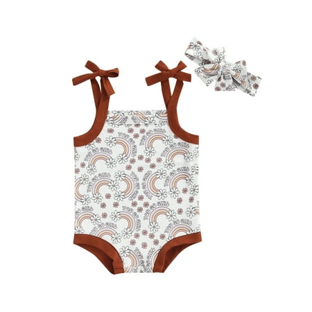 

TheFound Summer Newborn Baby Girls Flower/Rainbow Letter Print Romper Jumpsuit Headband 2pcs Outfits Sunsuit
