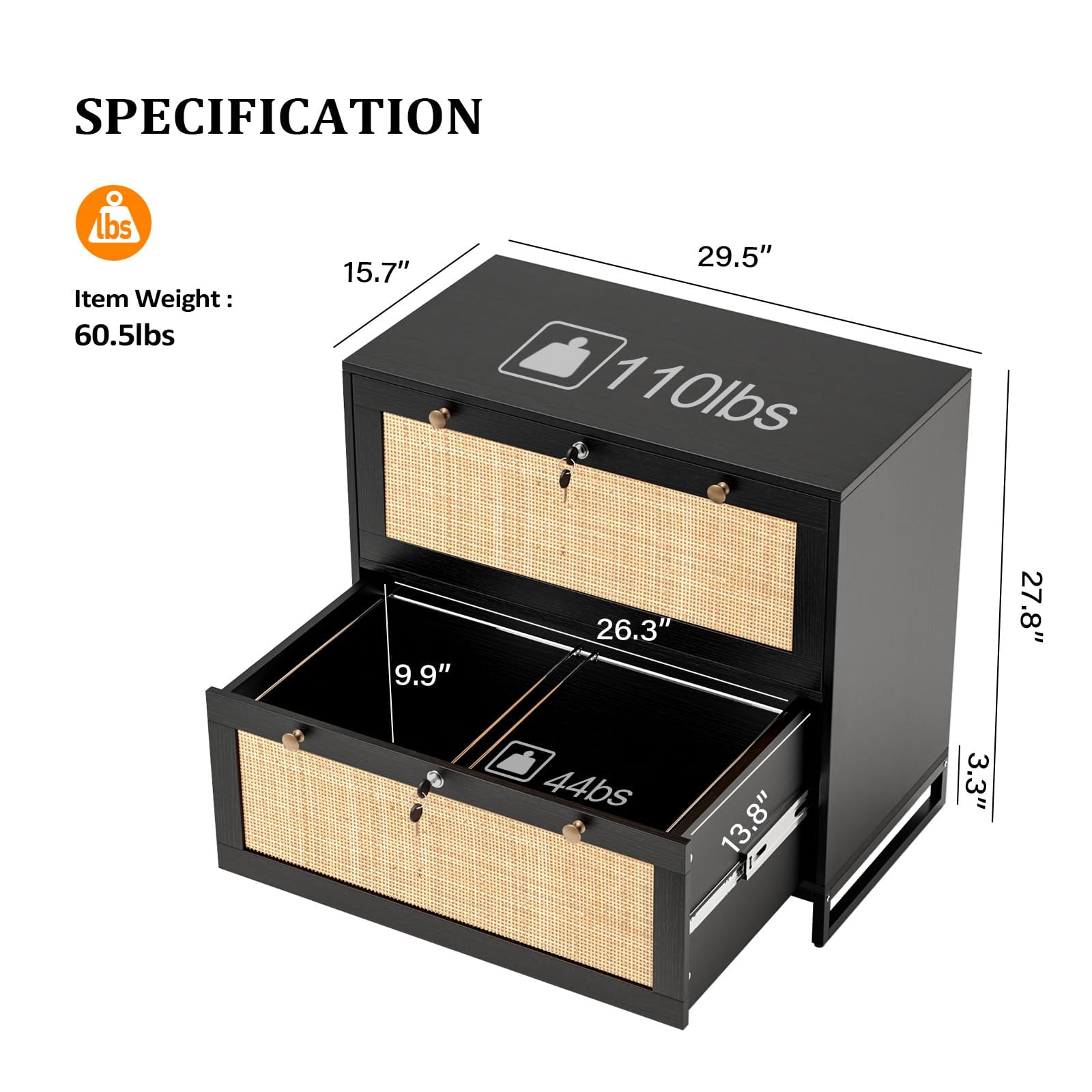 Ktaxon Rattan 2 Drawer Lateral File Cabinet with Lock, Wood Locking File Cabinets for Home Office, Black