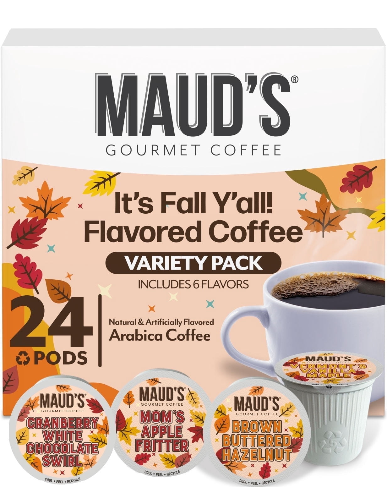Maud's Fall Flavored Coffee Pods Variety Pack, 24ct, 6 Assorted Flavors, Medium Roast Coffee in Single Serve Pods – 100% Arabica Beans, Compatible with Keurig K Cups Maker