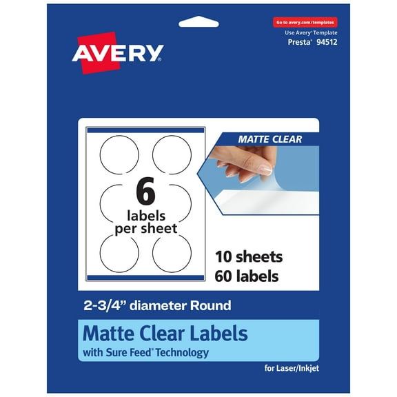 Avery Matte Clear Round Labels, 2-3/4" Diameter, 60 Total