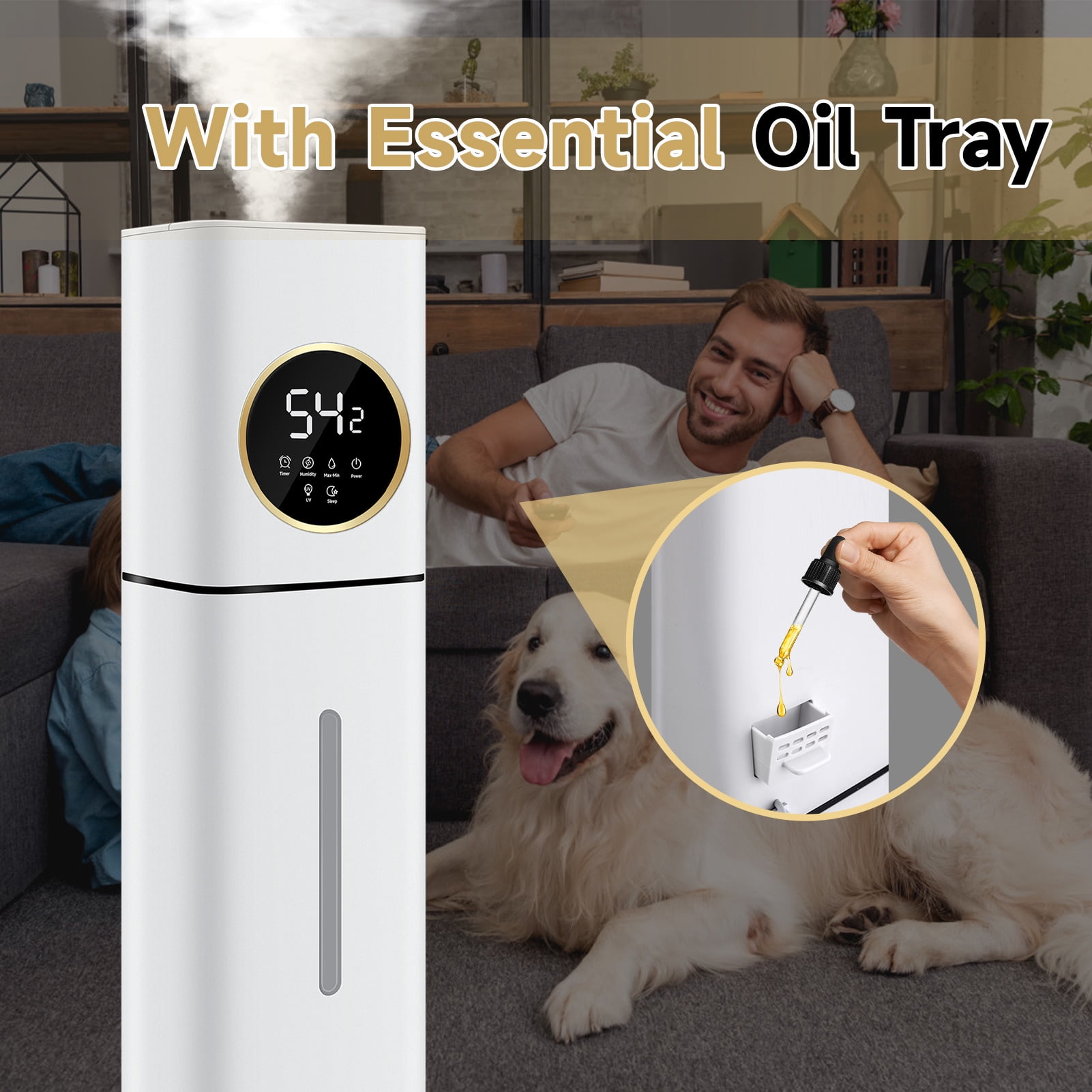 Humidifier For Large Rooms, 8L/2.11Gal Cool And Warm Mist Tower Top Fill Humidifiers, Floor Humidifiers For Baby,Pets,Plants,with Remote,Timer,Auto Shut Off,White