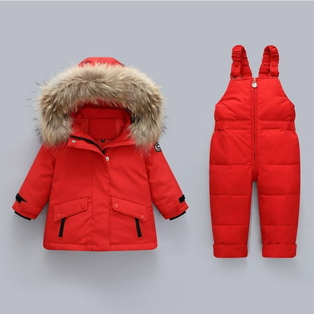 

UMfun Winter Baby Boys Girls Polka Dot Printing Thickened Down Jacket Strap Pants Two-piece Suit Red 2-3 Years