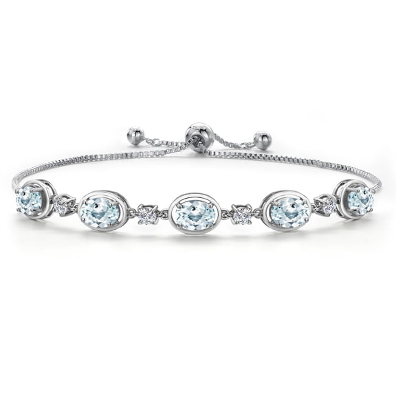 Gem Stone King 925 Sterling Silver Sky Blue Aquamarine and Lab Grown Diamond Bracelet for Women | 4.15 Cttw | Gemstone March Birthstone | Oval 7X5MM | Fully Adjustable 9 inch