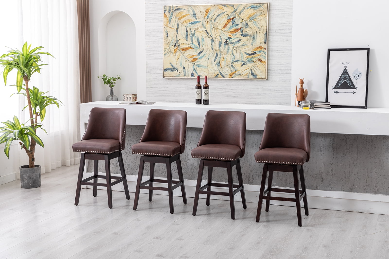 Guyou 27.5"Counter Height Bar Stools Set of 2, Nailhead Trim Leather Barstools with Back and Wood Legs, 360°Swivel Upholstered Stool Chairs for Kitchen Island Breakfast Bar Restaurant, Chocolate