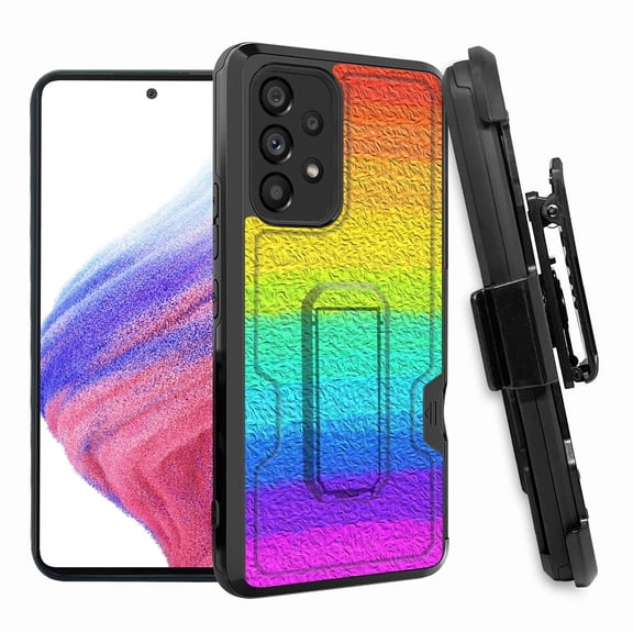 ANJ  Rugged Shockproof Hoster Case w/Card Slot, Kickstand   Tempered Glass Cover for Samsung Galaxy A33 5G - Shades of Rainbow