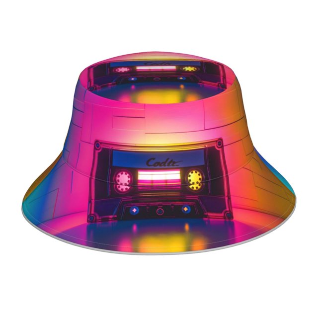 Fotbe Neon Cassette Tape Sombrero Tipo Pescador con Estampado – Sombrero de Sol de Algodón de Moda para Playa, Golf, Pesca