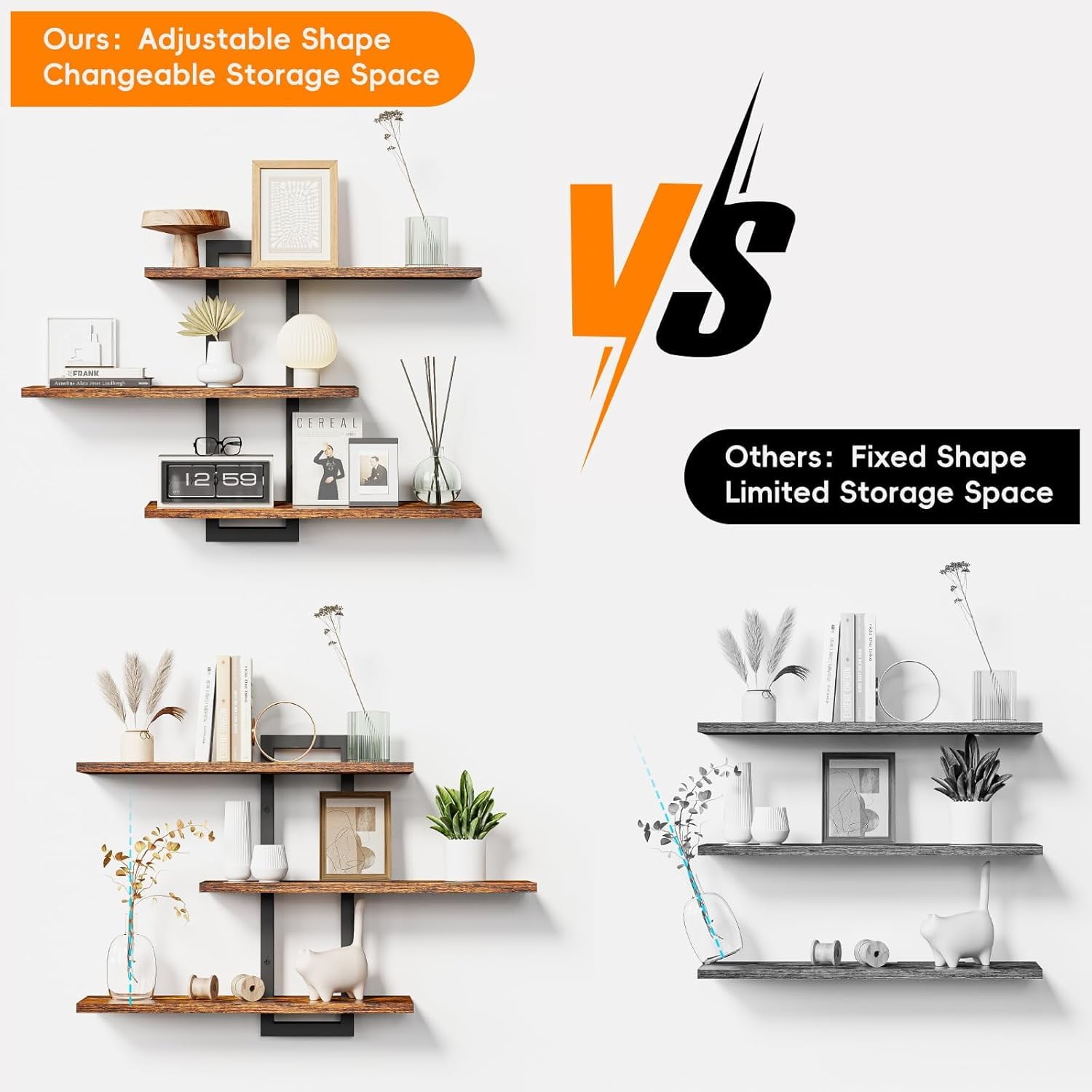 Floating Shelves for Wall, Wood Wall Shelves for Bathroom, 3 Tier Shelves for Wall Decor, Decorative Hanging Storage Shelf for Bedroom Kitchen Living Room, Rustic Brown and Black