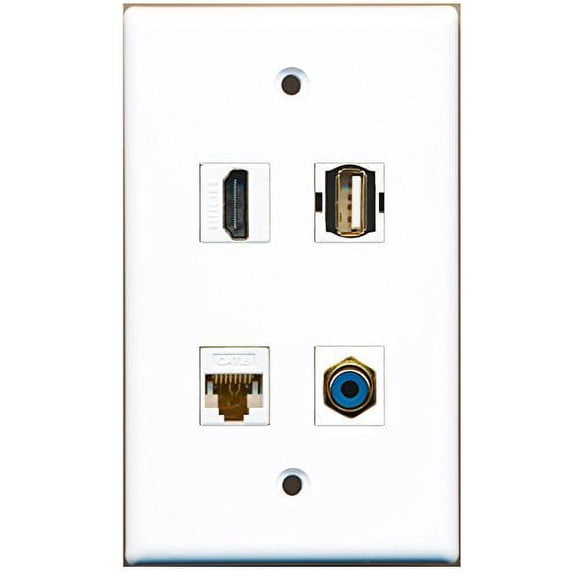 RiteAV - 1 Port HDMI 1 Port RCA Blue 1 Port USB A-A 1 Port Cat6 Ethernet White Wall Plate