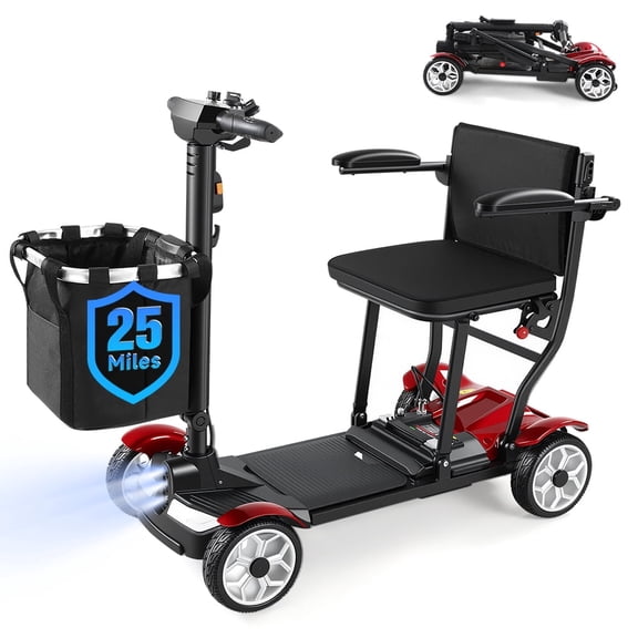 GOKEEP 4-Wheel Mobility Scooter for Seniors - Lightweight, Portable Electric Folding Design, 384Wh Removable Li Battery, LED Headlights & Storage Basket, Red