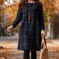 thumbnail image 4 of Quixlent Women's Vintage Plaid Dress Casual Long Sleeve Cotton Linen Dress Fall Loose Fit Checkered Crew Neck Tunic Midi Dress, 4 of 8