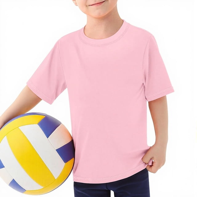 GPOECD Kids Solid Color Summer Beach Short Sleeve Top Casual Play Shirt Z9051-Pink,11-12 Years