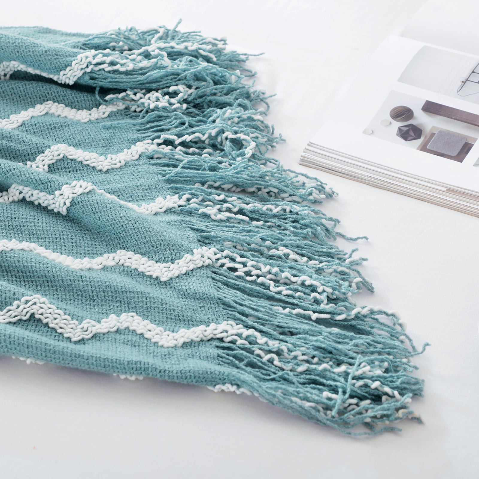 Bourina Fluffy Chenille Knitted Throw Blanket 50" x 60"—Soft and Cozy for Sofa, Chair, Blue, Adult