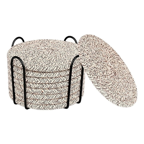 Haful 1 Set of 8 Placemats and 1 Coaster Stand Cotton Rope Woven Meal Mat Circular Cotton Thread Woven Cup Mat Pot Mat Kitchen Table Thickened Insulation Mat