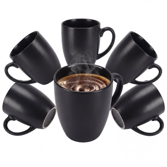 16 OZ Black Stoneware Mugs Set of 6, Large Ceramic Coffee Cups with Handle, Porcelain Mugs for Latte, Milk, Tea and Juice