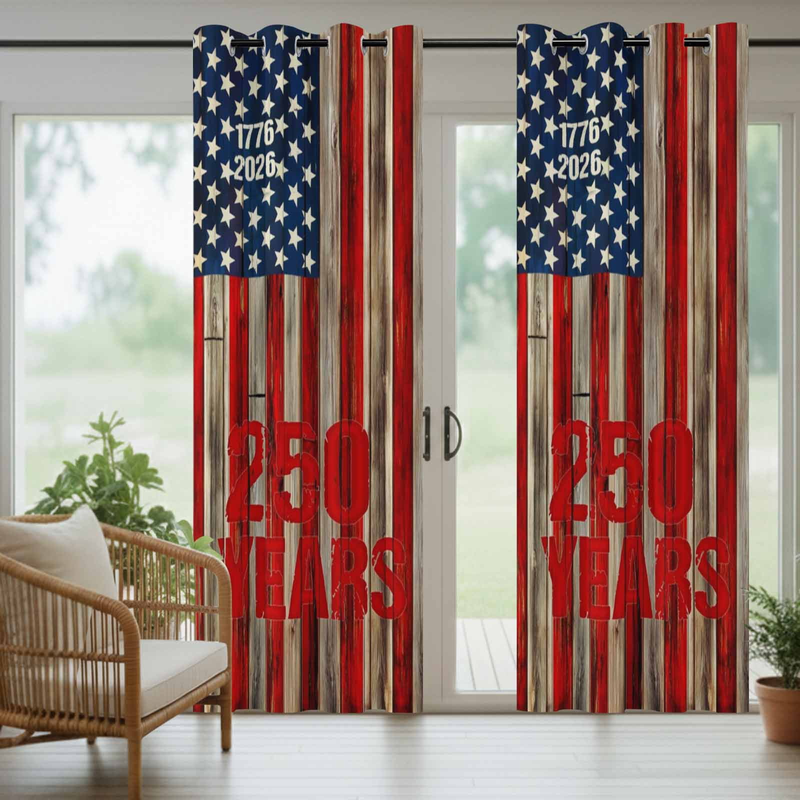 America Years Outdoor Curtains for Patio, Independence Day Patriotic Red Blue Flag Wood Grain Sunshade Privacy Drapes Grommet Waterproof Outside Curtains for Porch/Cabana/Balcony 54"x 108", 1 Panel