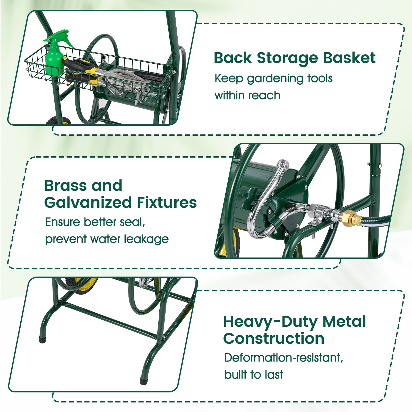 Gymax Garden Hose Reel Cart 230 FT of 5/8'' Large Capacity w/ 2 Wheels Storage Basket Green