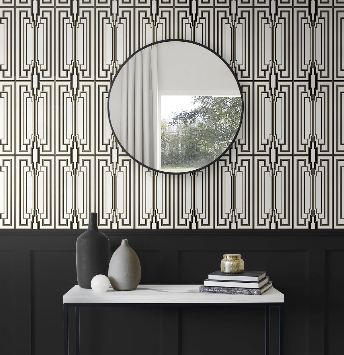 NextWall Ebony & Gold Manhattan Deco Peel and Stick Wallpaper