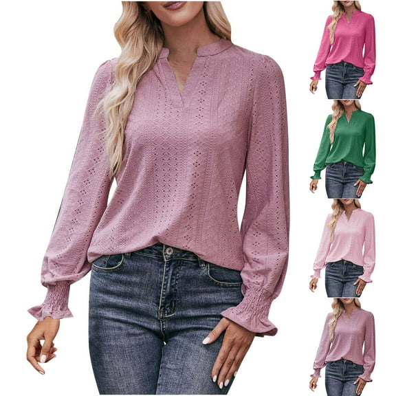 Azrian Womens Tops 2023,Women's Fashion Solid V-Neck Long Sleeve Loose T-shirt Top Clearance Sale