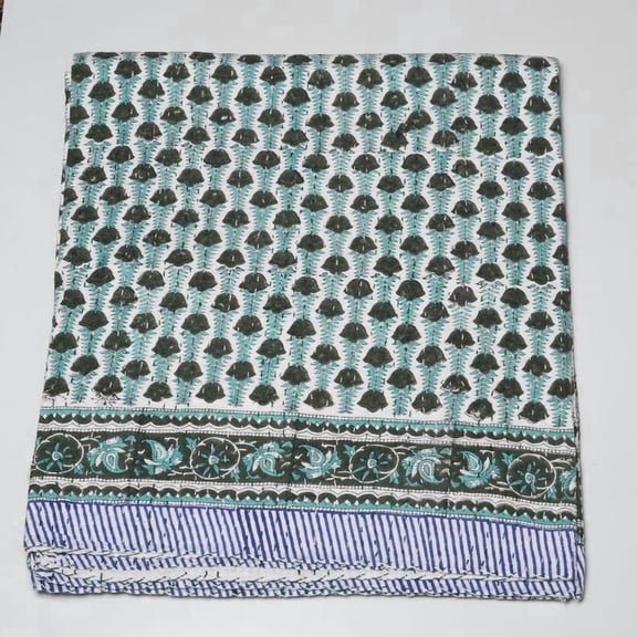 Ozark Textile Handmade Indian Kantha Floral Block Print Boho Kantha Quilts