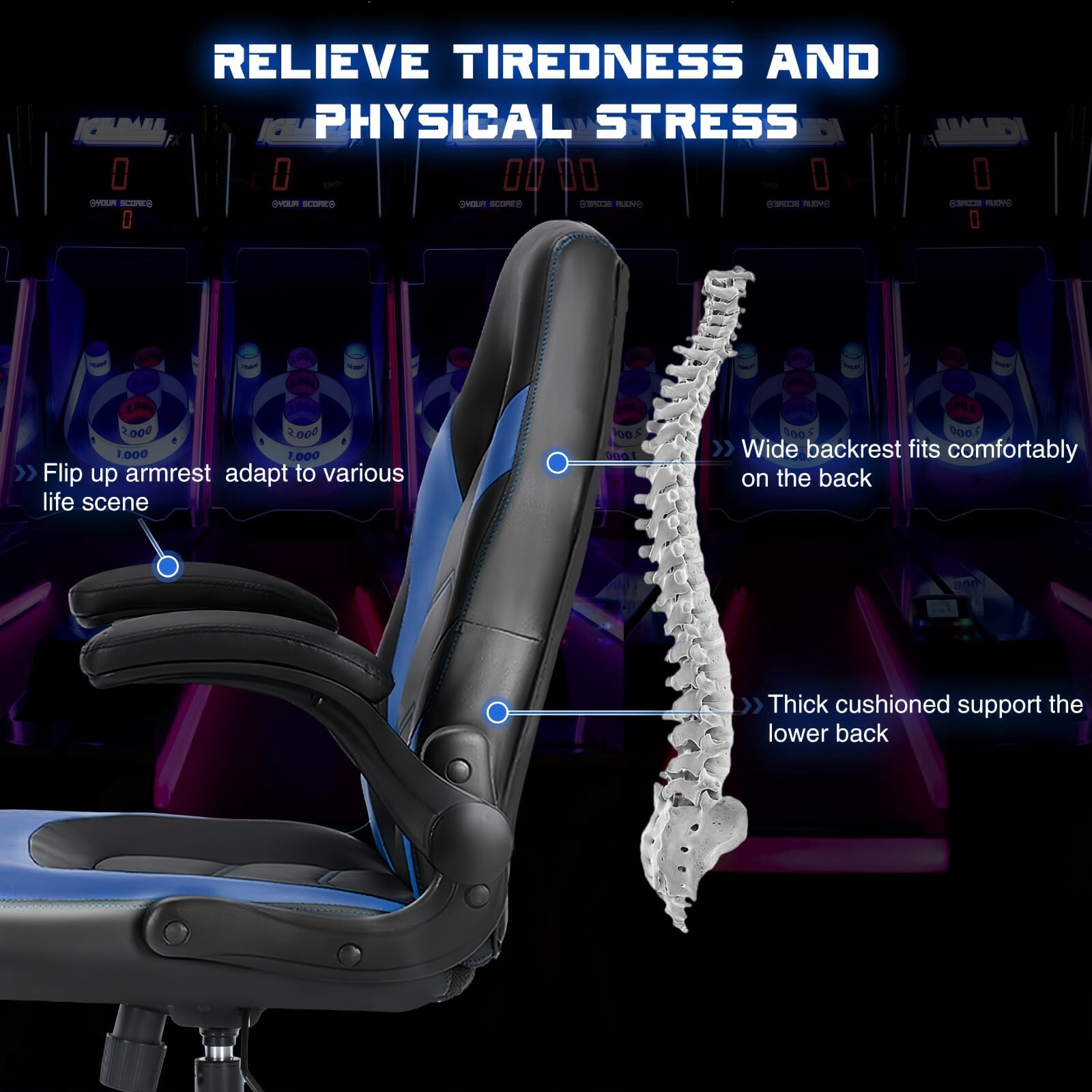 Kelno Ergonomic Gaming Chair PU Leather Computer Desk Chair with Lumbar Support Adjustable Height Flip-Up Armrests Swivel Wheels, Blue