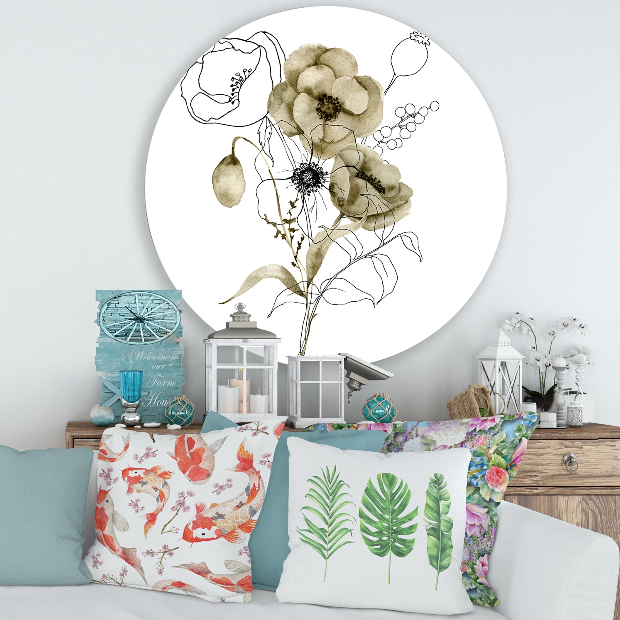 Designart 'Eucalyptus Branches With Anemone Bouquet Flower' Traditional Circle Metal Wall Art 36x36 - Disc of 36