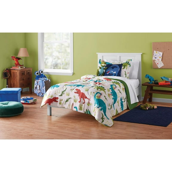 Your Zone Green and Blue Dino Twin Bedding Set for Kids, Machine Wash, 5 Pieces