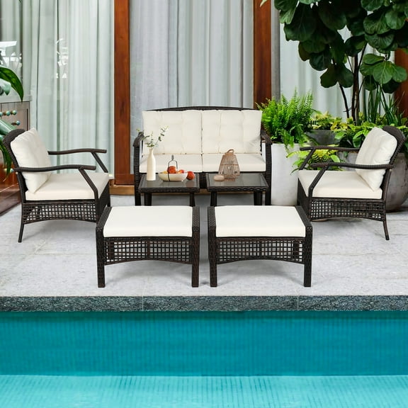Costway 7-Piece PE Rattan Outdoor Patio Dining Set with Waterproof Cover, Off-White