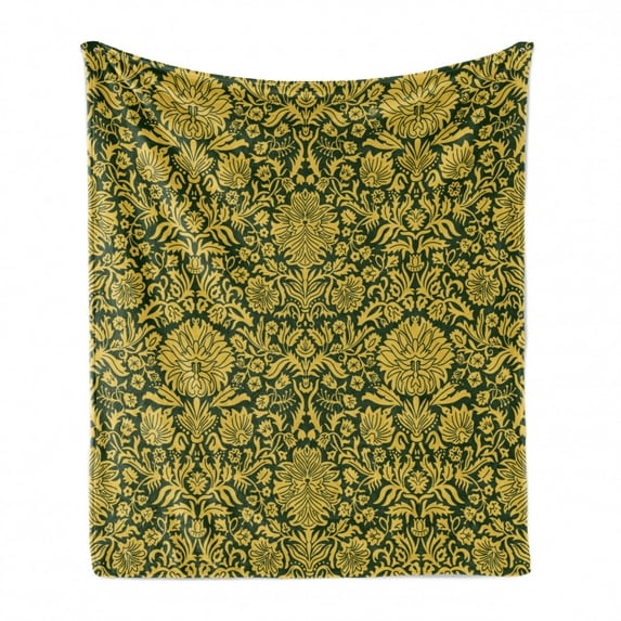 Floral Soft Flannel Fleece Throw Blanket, Victorian Baroque Flower Motifs with Swirl Petals and Branches Print, Cozy Plush for Indoor and Outdoor Use, 50" x 70", Green Earth Yellow, by Ambesonne