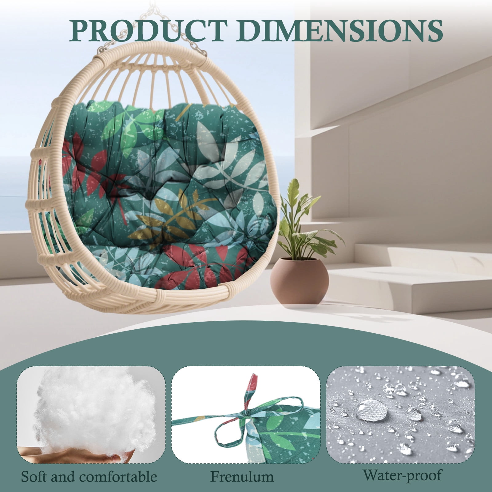 Egg Chair Cushion Replacement Waterproof – Outdoor Rocking Chair Cushions 6.3" Thick UV Resistant with 6 Straps for Patio, Balcony, Garden, Green Flower