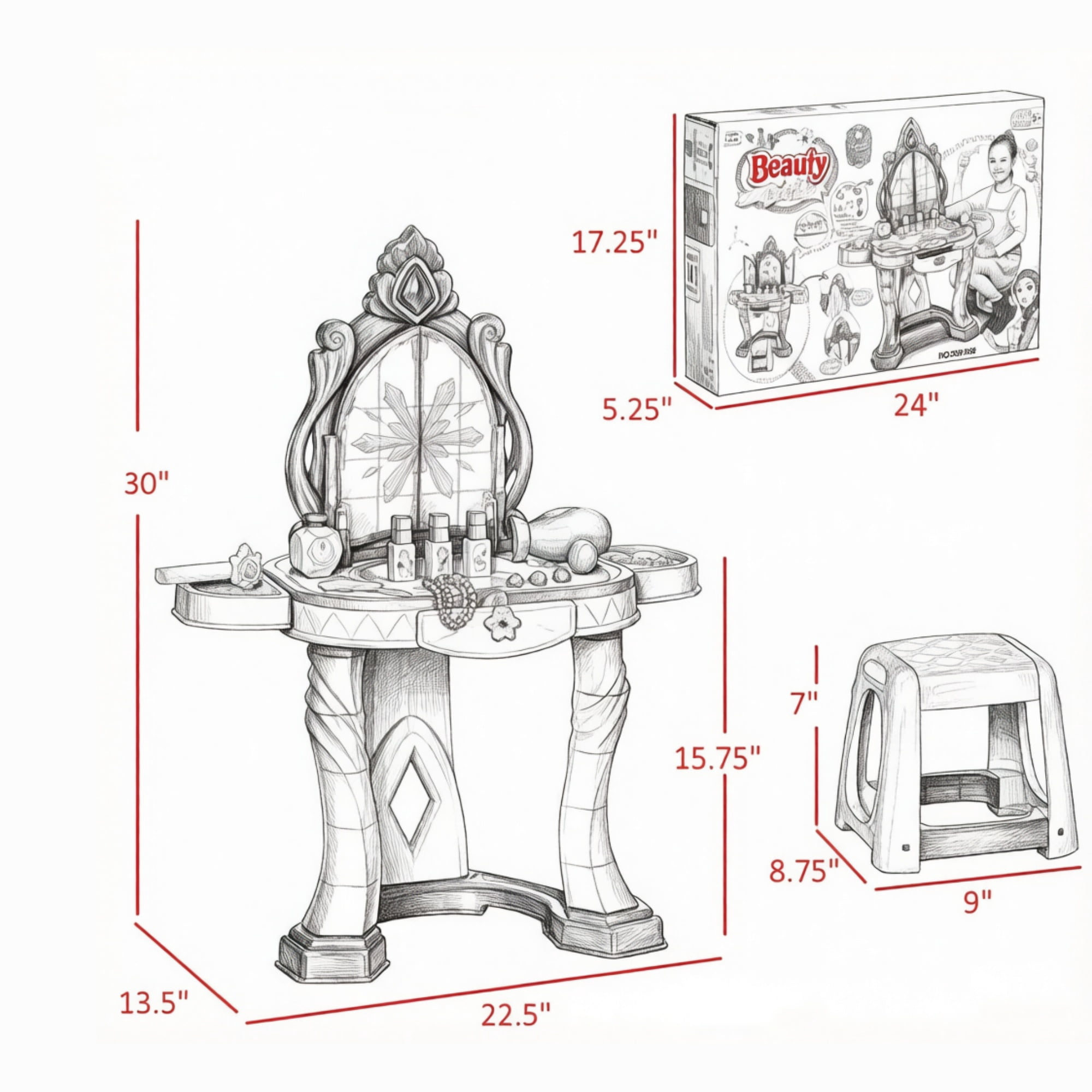 31-Piece Kids Dressing Table with Princess Mirror Lights for Ages 3-6