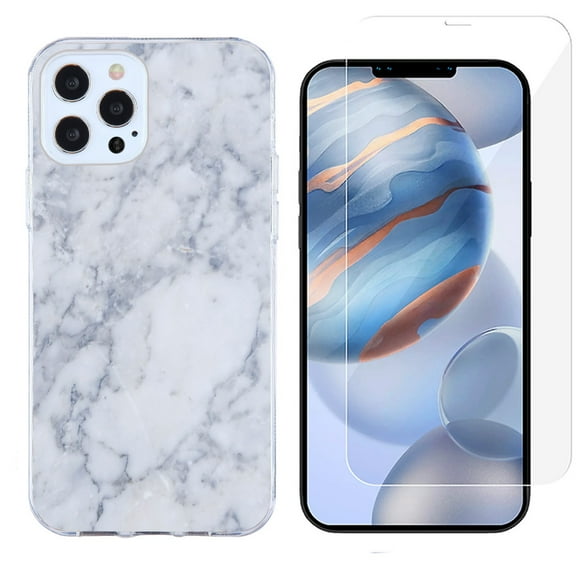 Slim-Fit Protective Phone Case compatible with iPhone 12 Pro Max, with Tempered Glass Screen Protector, by OneToughShield ® - Marble / Clouds
