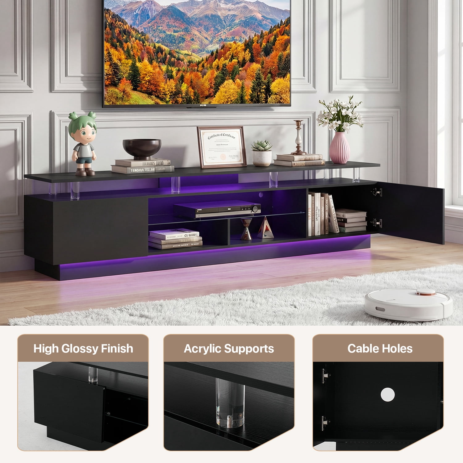 BaPiPro 80" LED Modern TV Stand for TVs up to 90", Entertainment Center TV Console with Music Sync LED for Living Room, Black