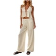 thumbnail image 2 of Guluxicc 2 Piece Women's Outfit Sets Halter V Neck Sleeveless Ruffle Hem Tops Front Cutout Wide Leg Pants Casual Outfits for Casual Wear, 2 of 5