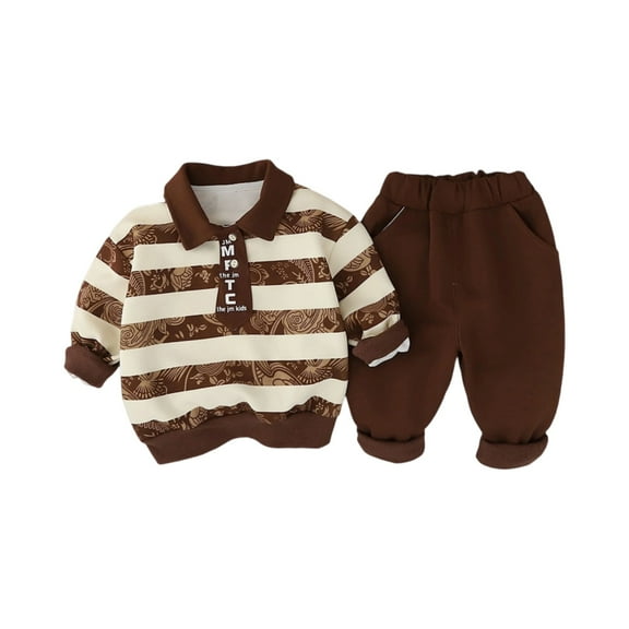 Toddler Boys Long Sleeve Striped Polo Shirt and Elastic Waist Pants Set Casual Outfit with Letter Print Design