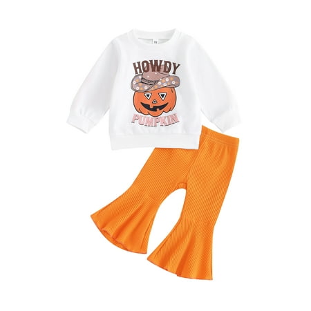 

IZhansean Toddler Baby Girls Halloween Clothes Pumpkin Letter Print Long Sleeve Tops and Casual Flared Pants Fall Outfits White 2-3 Years