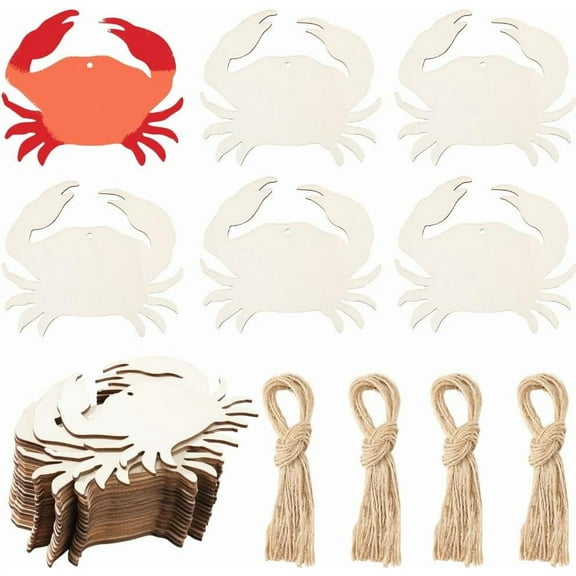20Pcs 3.5x3.7 Inch Crab Shaped Wood Cutout Unfinished Wooden Slices Blank Wooden Gift Tags with Hole Hemp Ropes Hanging Ornaments for DIY Crafts Summer Sea Theme Party Christmas Wedding