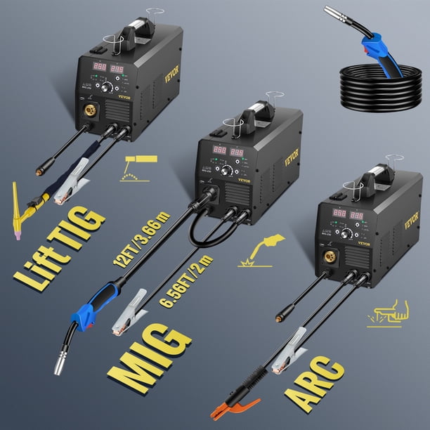 Soldadora VEVOR 250Amp MIG, máquina de soldadura 3 en 1, 220V de núcleo de flujo/gas/máquina de soldadura de alambre sólido con inversor IGBT y antorcha, soldadora multiproceso digital MIG/Lift TIG/