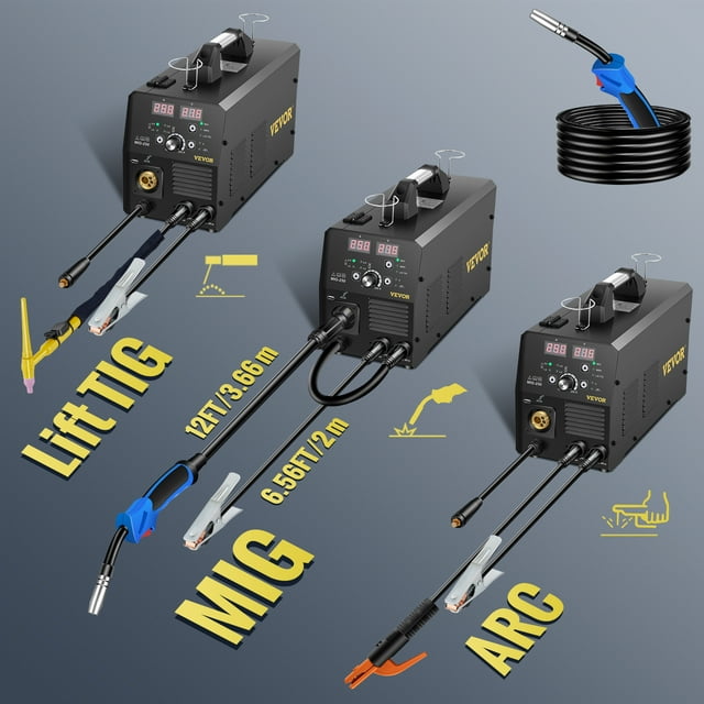 Soldadora VEVOR 250Amp MIG, máquina de soldadura 3 en 1, 220V de núcleo de flujo/gas/máquina de soldadura de alambre sólido con inversor IGBT y antorcha, soldadora multiproceso digital MIG/Lift TIG/