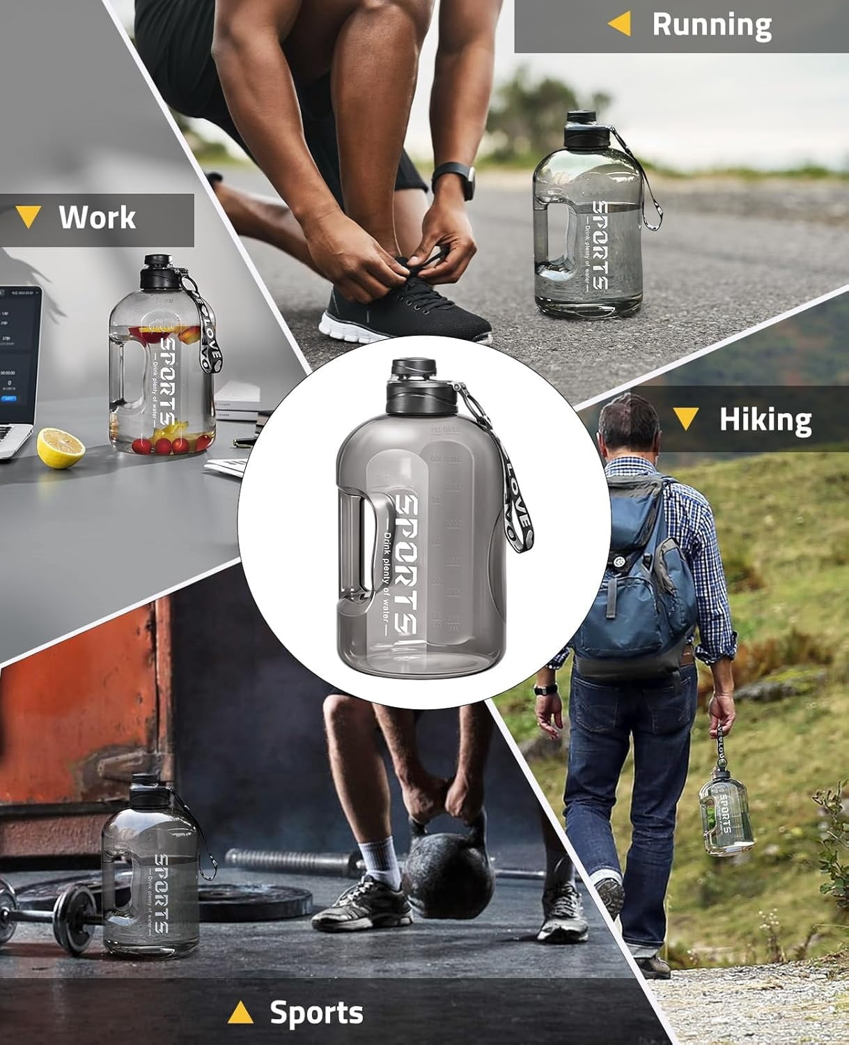 1 Gallon Water Bottle with Handle, Large Gallon Water Jug with Strap, Big Sports Bottle for Gym,128 oz, BPA Free