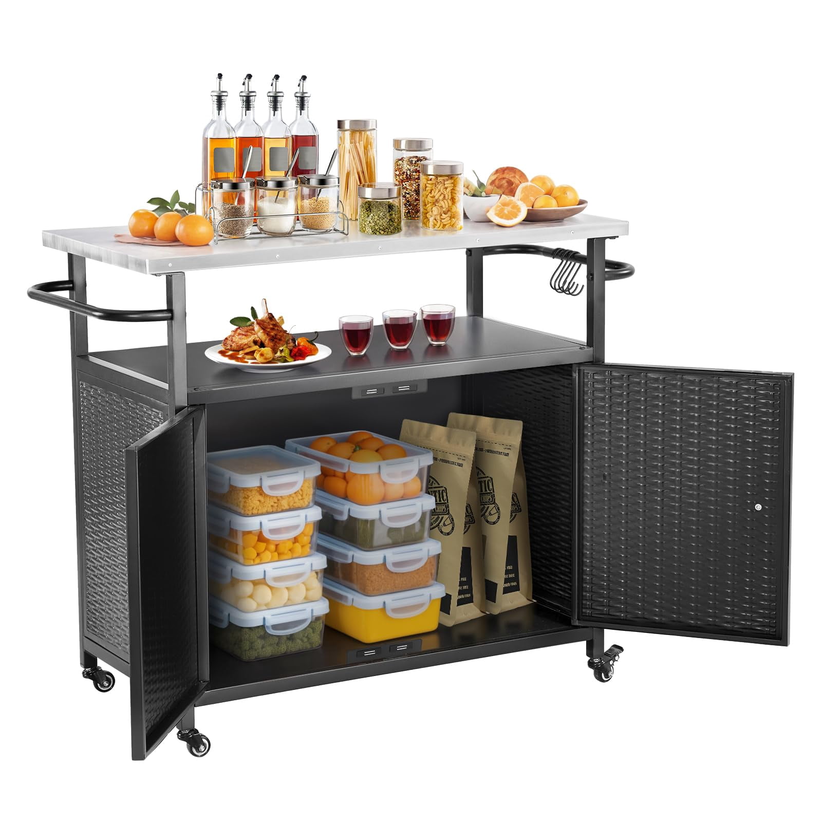 3-Tier Mobile Kitchen Island Cart | Stainless Steel BBQ Prep Table with Wheels, 71 Gal Storage for Outdoor Cooking, Parties & Backyard Fun - Black