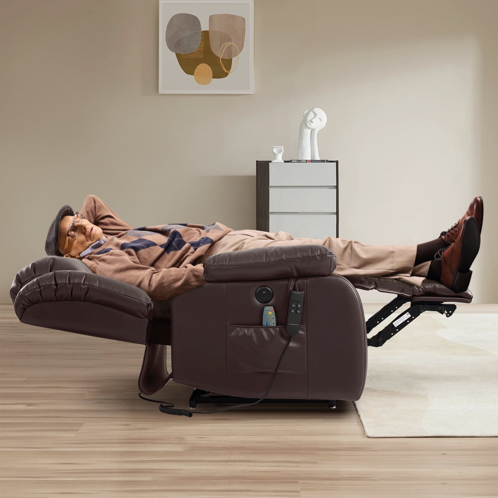 TEKAMON Power Lift Chair Recliner for Elderly with Heat and Massage, Lay Flat Sleeping Recliner Dual Motor Infinite Position Leather Lift Chair for Living Room (Brown)