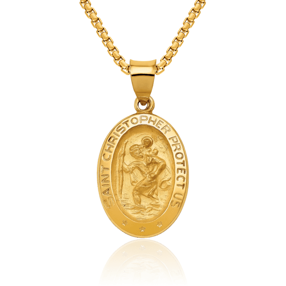 14K Solid Yellow Gold Saint Christopher Medal Patron of Travelers Athletes Protection Necklace Christian Religious Chain Pendant Faith Charm