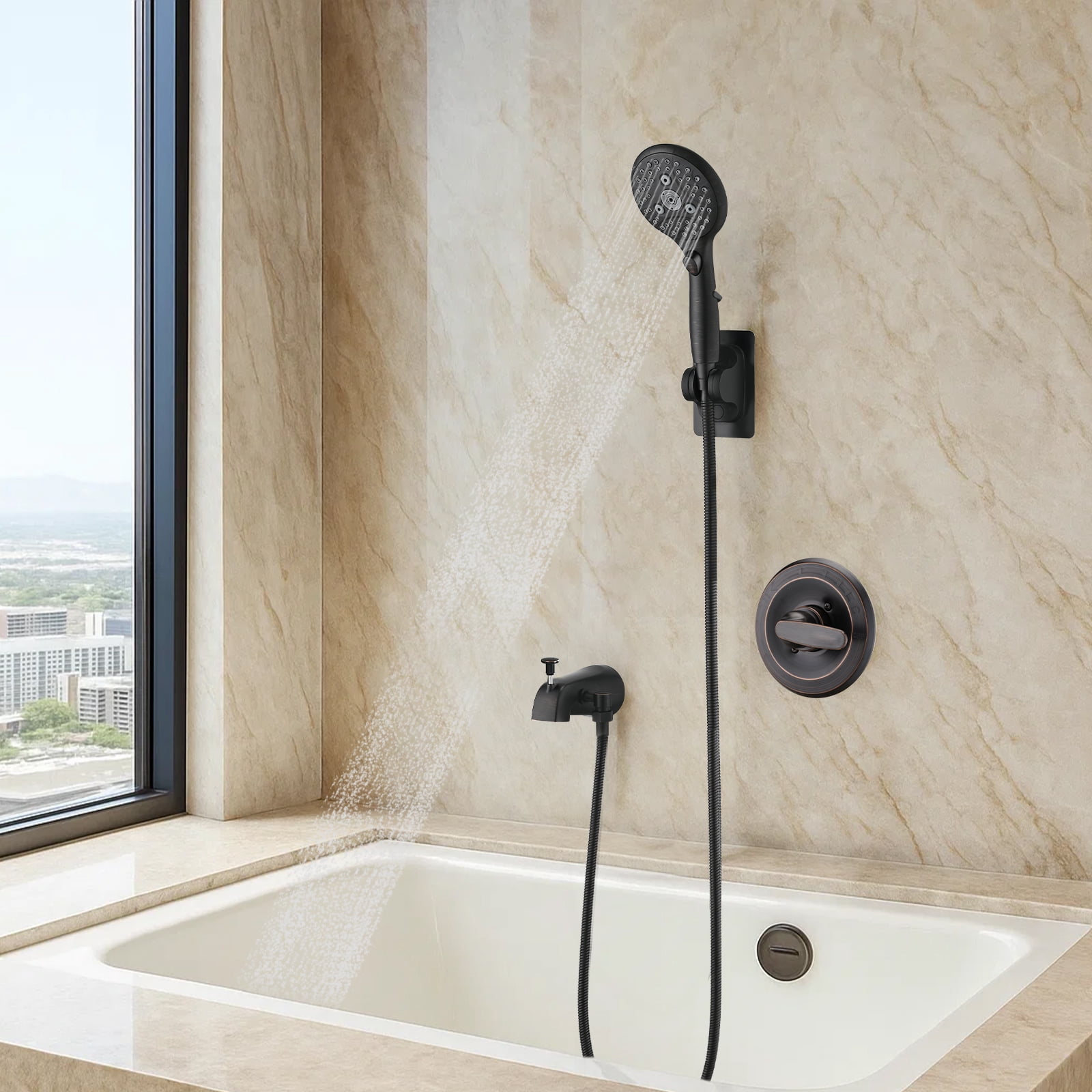 Freestanding Bathtub Faucet Lift-Up Diverter Tub Spout with 6 Settings Handheld Shower in Oil Rubbed Bronze (Rough-in Valve Not Included),Freestanding Tub Filler