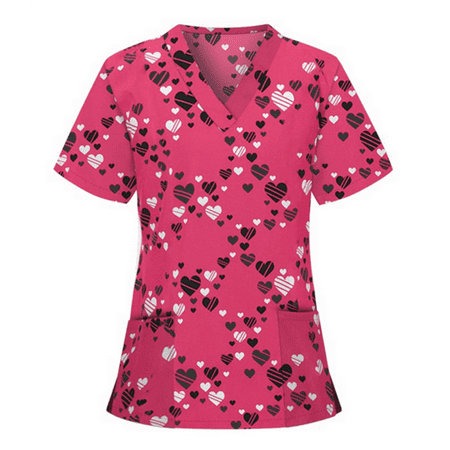 

Women Valentine Short Sleeve Scrub Tunic Top V-Neck Nurses Uniform Worker Clothes Heart Print Workwear Blouse Shirt