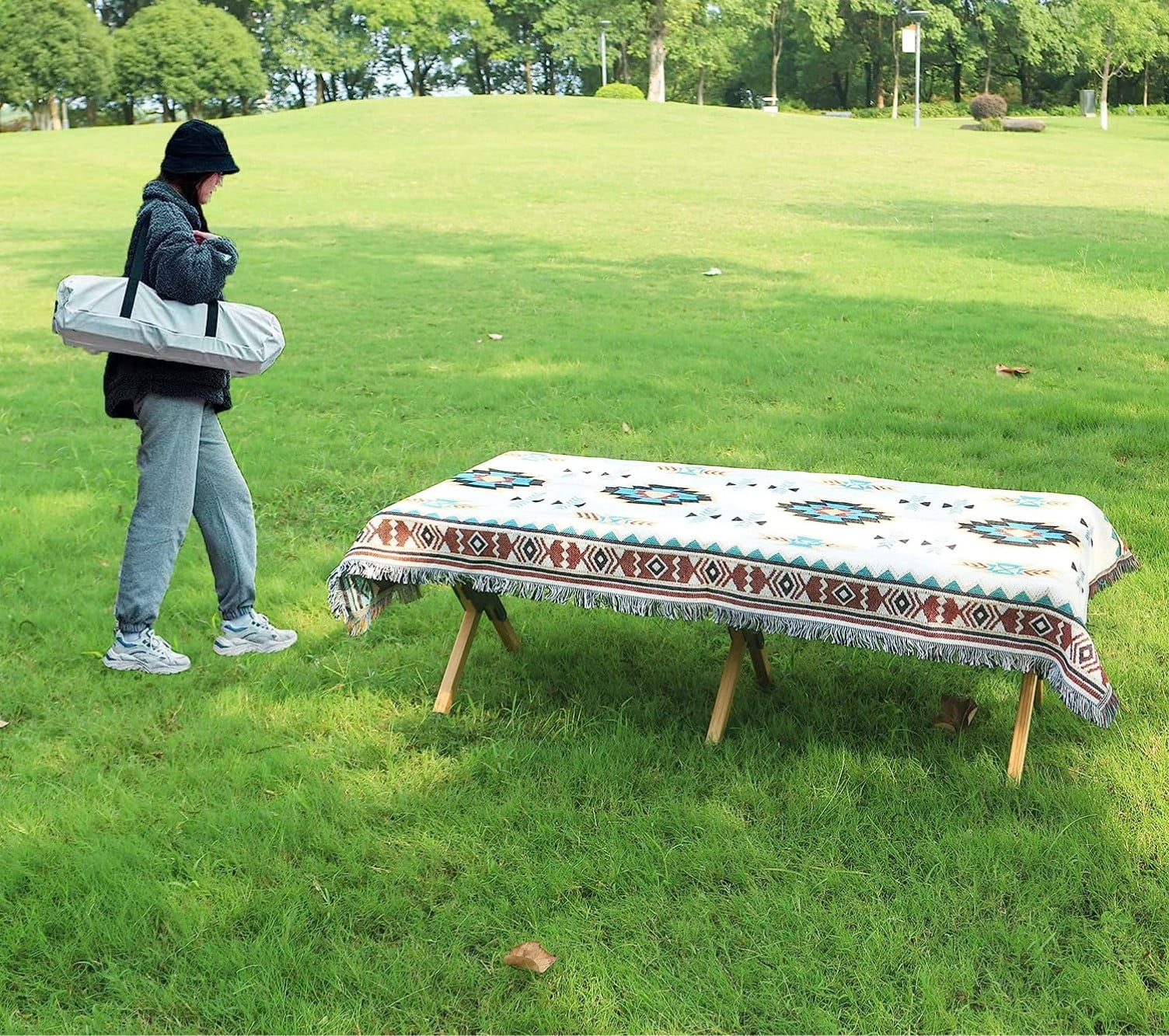 Portable Low Picnic Table,4Ft Bamboo Folding Camping Table with Carry Bag and Tablecloth